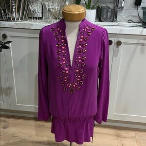 Hale Bob 100% silk Vibrant Purple Tunic with Embellished Neckline and tie at hip
